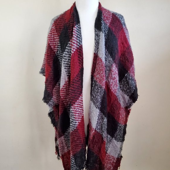 Sweaters | Red Gray And Black Checkered Ruana | Poshmark